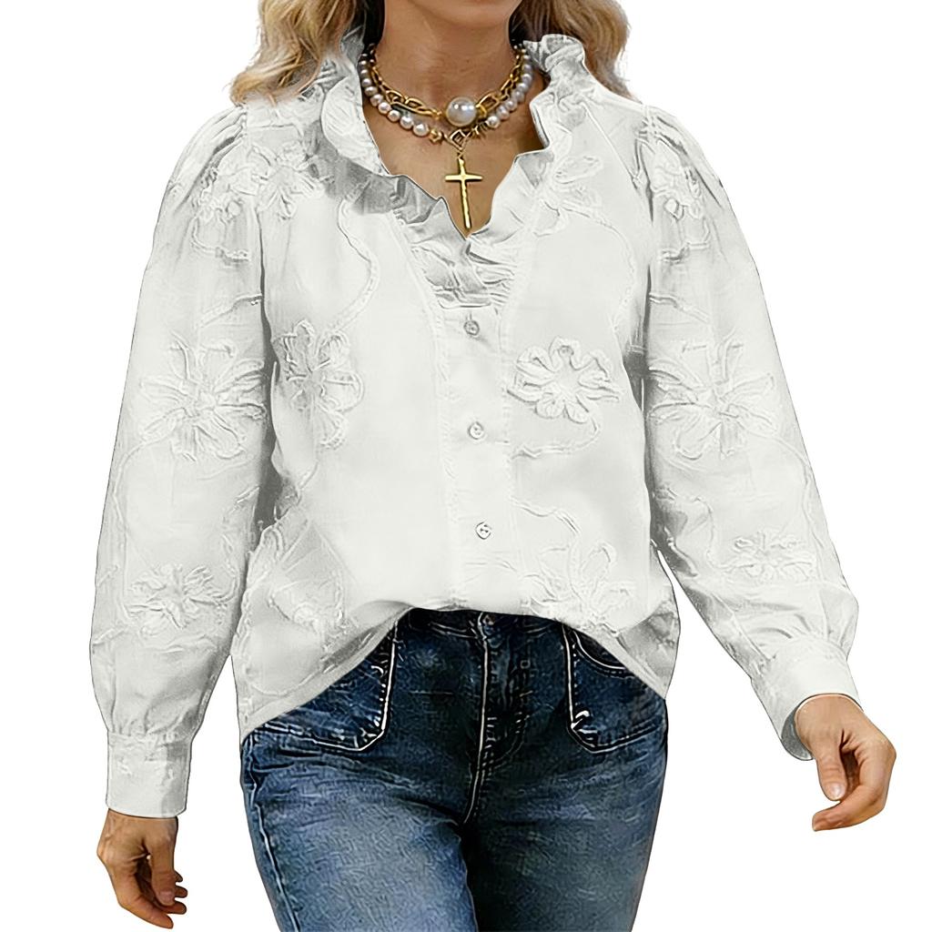 Long Sleeve Button Down Shirt for Women with Floral Embroidery Loose Fit Blouse Casual Collar Top for Daily Wear