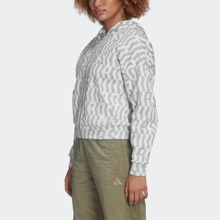 adidas Women's Allover Print Full-Zip Hooded Track Jacket Grey White FL4225