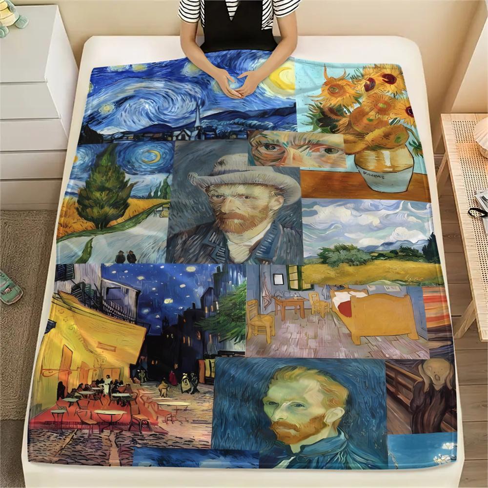 1Pc Van Gogh Painting Print Flannel Blanket, High Quality Comfortable for All Seasons, Home Decor, Warmth and Comfort, Perfect for Christmas Gifts