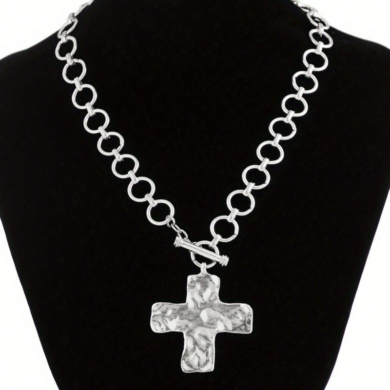 

Hammered Bold Cross Necklace Thick Chain Set for Women Men Chunky Golden Silvery Statement Pendant Necklace Vintage Chain Pendant Jewelry Necklace&one-size серебряный