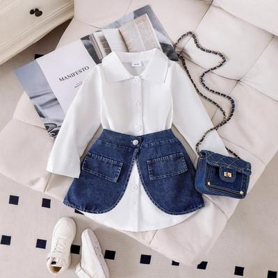Denim Skirt White Long Sleeve Shirt Hot New Autumn and Winter Suit Children's Clothing Girls