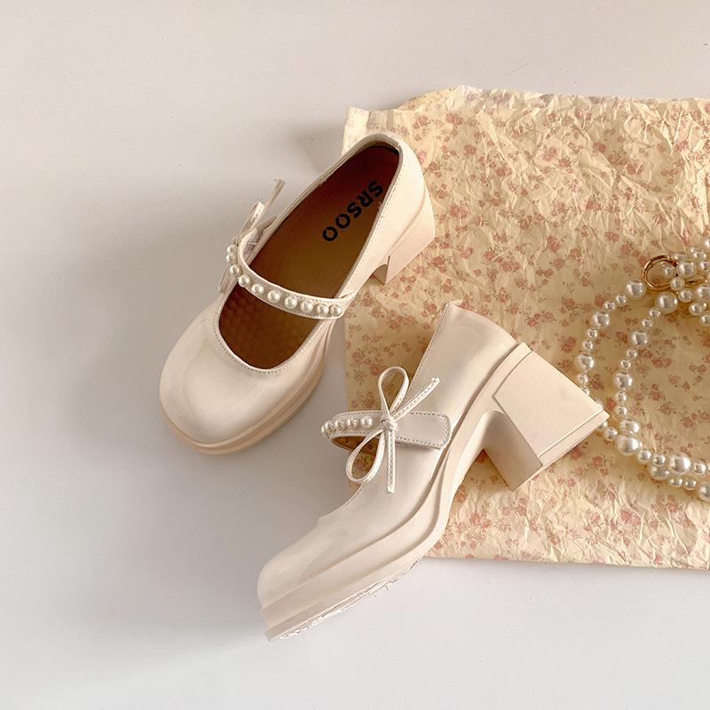 

Temperament fashionable white explosion retro thick high-heeled small leather shoes women s 2025 new summer JK heightening Mary Jane shoes 39 бежевый