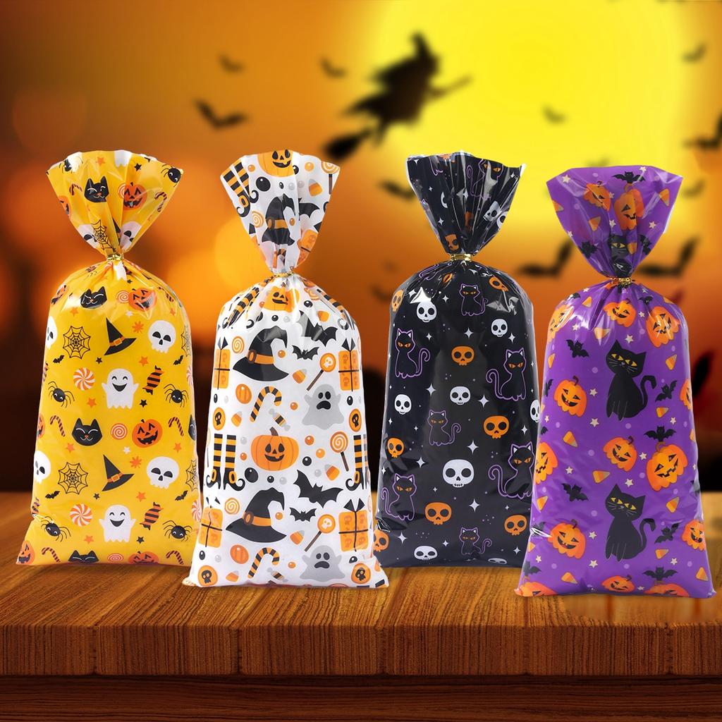 100pcs Halloween Ghost Cat Gift Bags Candy Cookie Packaging Bags Trick Or Treat 2025 Happy Halloween Party Decor Supplies