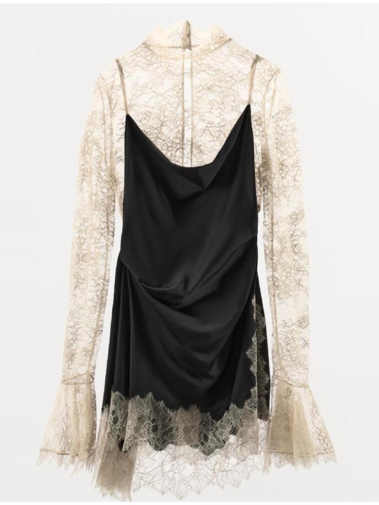 Women's Lace Spliced Long Sleeve Sexy Short Dress