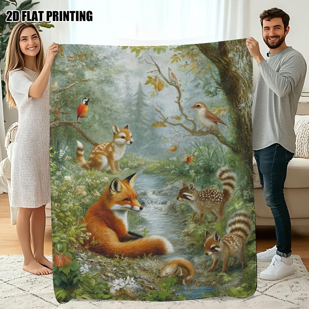 

Forest Friends Wildlife Foxes Deer Squirrels Birds Printed Flannel Throw Blanket Soft Cozy AllSeason Bedspread with Foxes 70x100cm