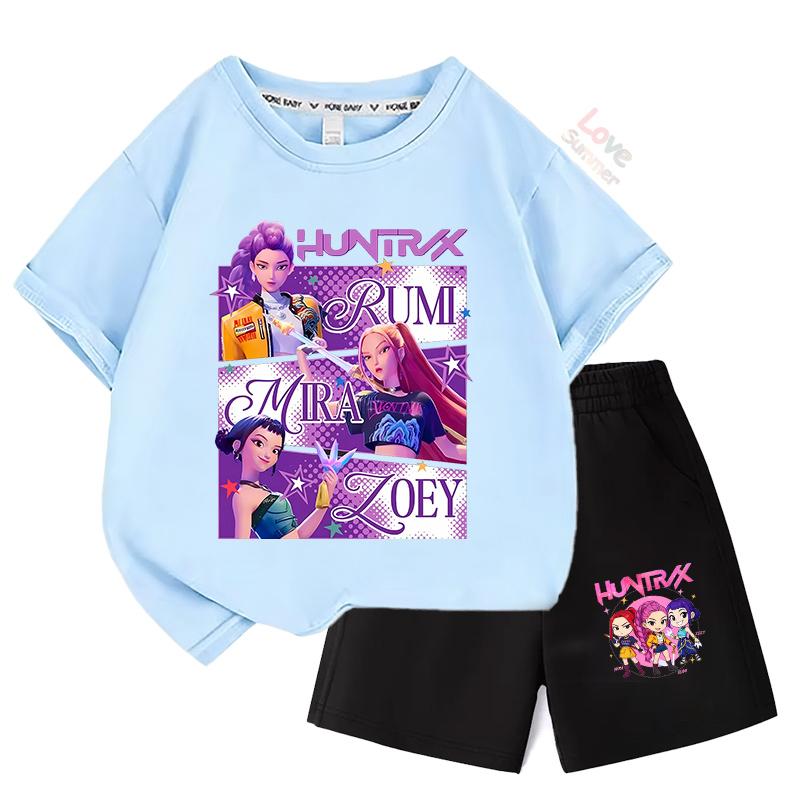 Sommer-T-Shirt-Set Kinder Oberteil Mädchen KPop Huntrx Devil Hunter Mädchengruppe Bedruckt Kurzarm Shorts Zweiteiliges Set