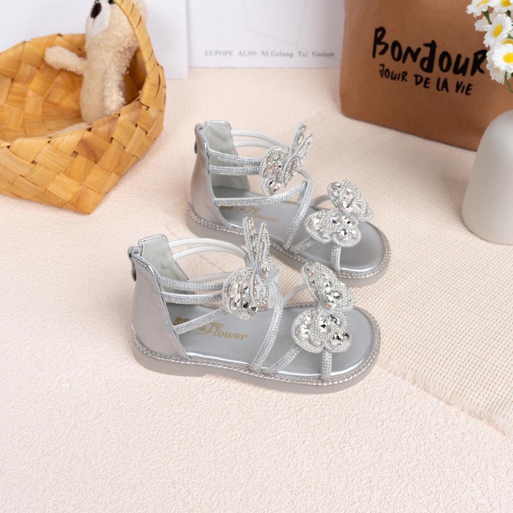 Children Roman Sandals Shiny Glitter Kids Fashion Shoes Butterfly 2025 Summer New Girls Princess Shoes Back Zipper Open Toes