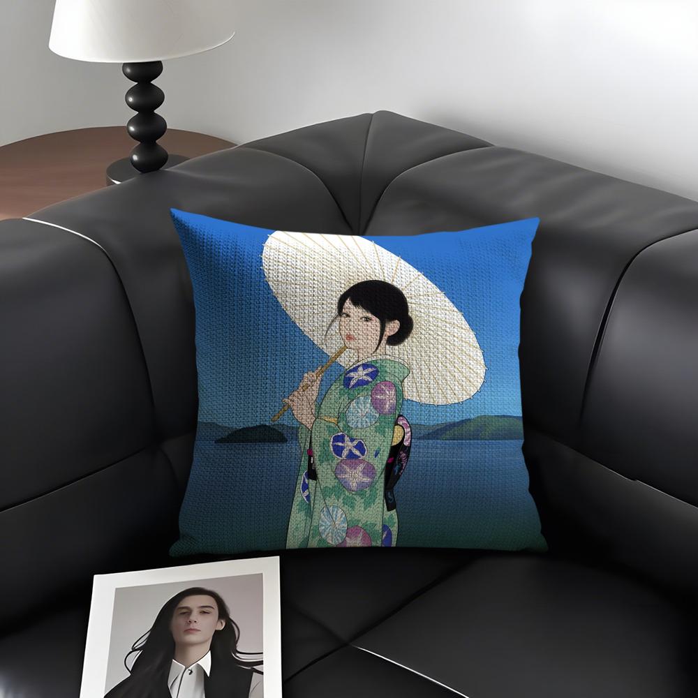 Kimono Girl Japanese Style Cushion Cover Natural Linen Organic Fabric DoubleSided Printing Sofa Home Decor Gift Pillow Case