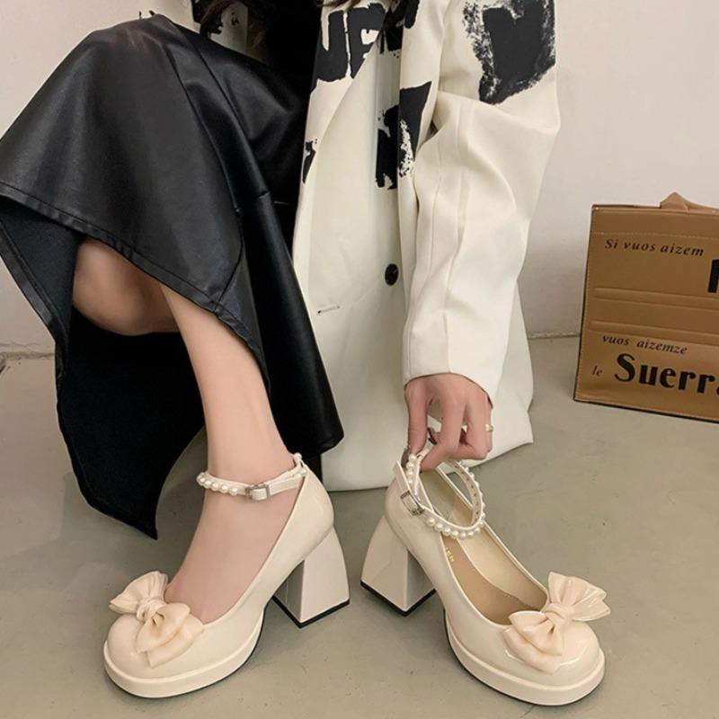 Fashion Women Fad Mary Jane Leather Shoe Thick Soles Increase Height Lolita Shoe Elegant Bowknot Pumps Women Banquet Party Shoes Tacones