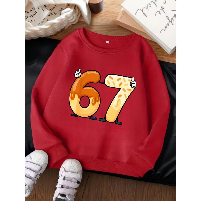 Unisex Kids Grey Crewneck Sweatshirt For 4-12 Boys Girls Cartoon Donut Number 67 Thumbs Up Character Print Soft Fleece Long Sleeve Pullover