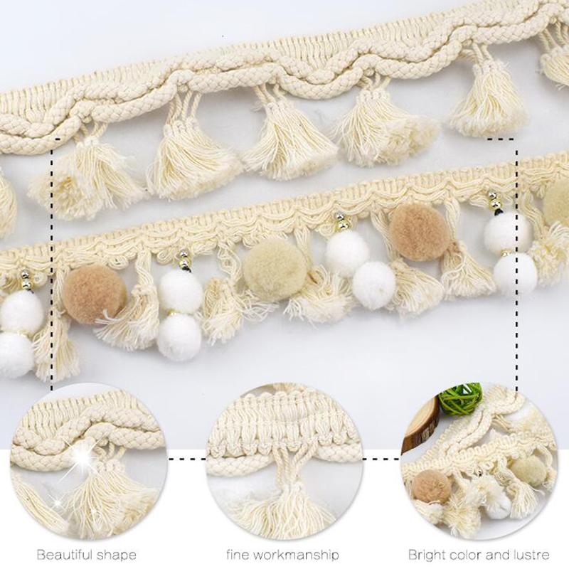 1 Yard White Cotton Tassel Lace Trim Webbing Fabric Handmade Beaded Ball Diy Curtain Clothing Sewing Craft Accessory