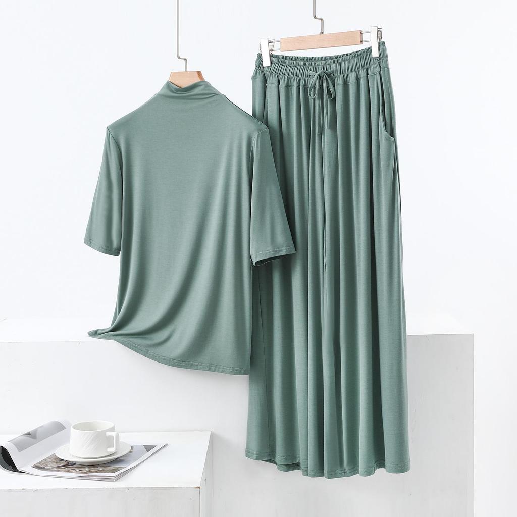 Modal Semi-High Neck Five-Sleeve Shirt & Pocket Wide-Leg Pants Casual Plus Size Two-Piece for Women
