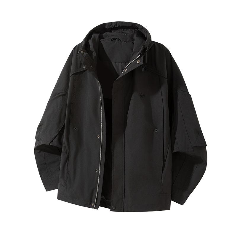 Black Embroidered Hooded Jacket for Men's Autumn New Street Functional Work Jacket