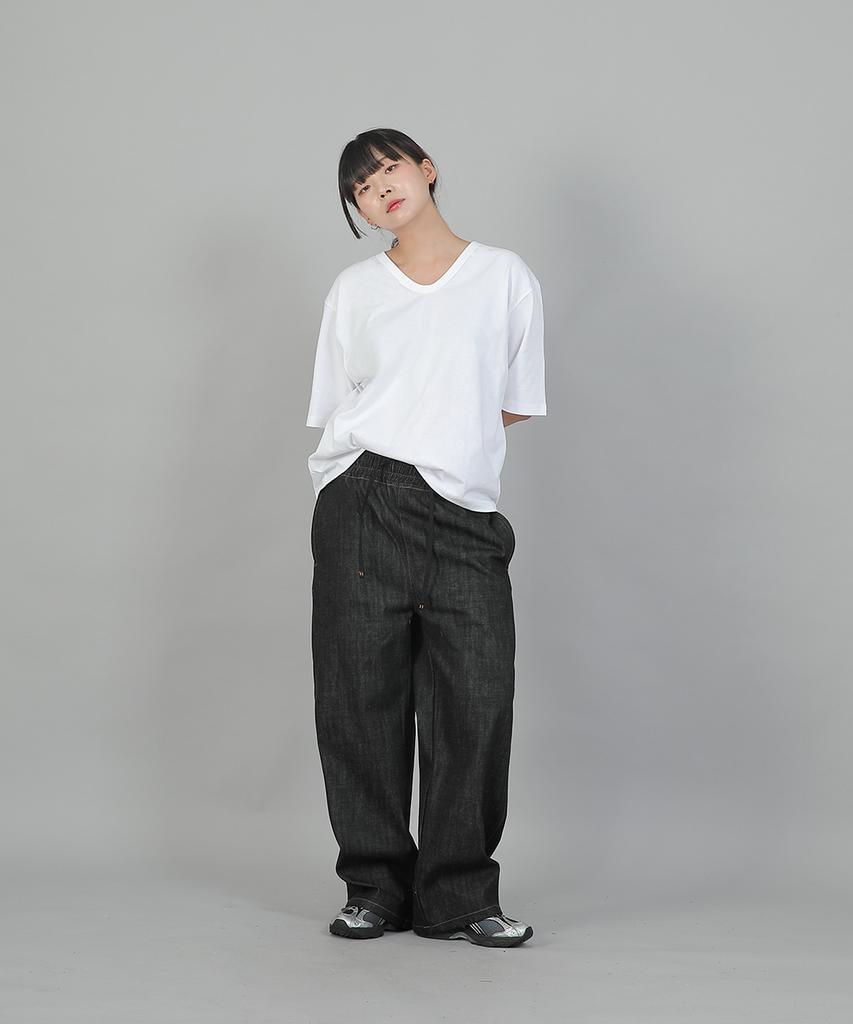 SAINTCREW Pocketless Work Elastic Waist Wide Pants Eww-385 Denim Black