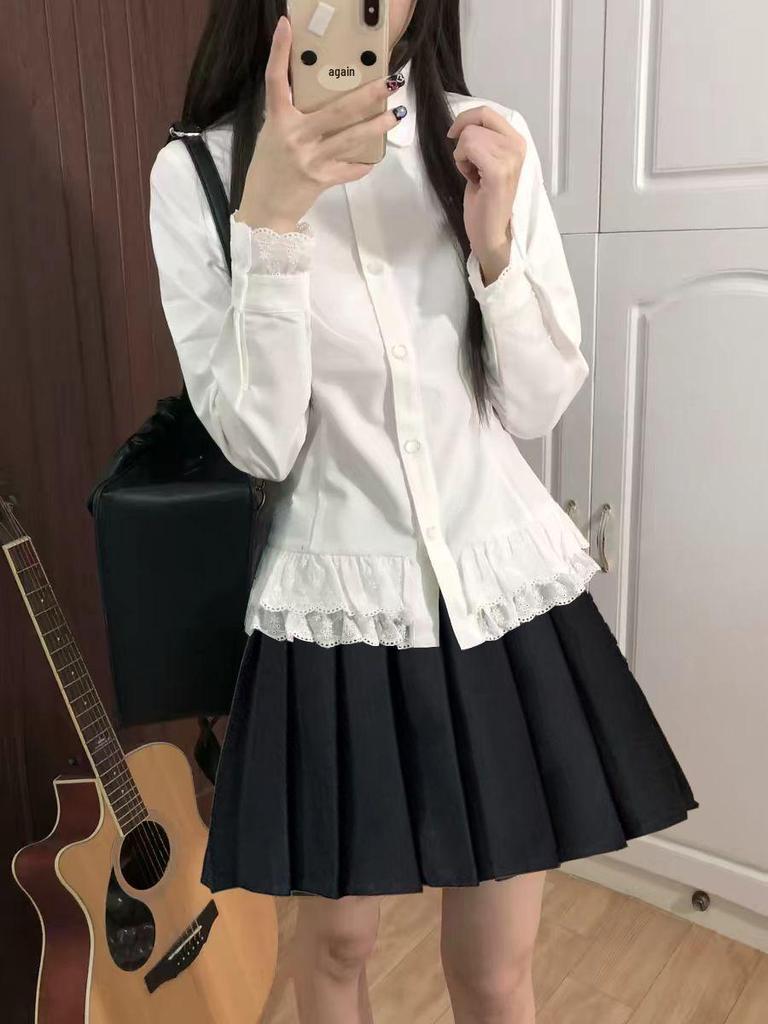 Women's Spring College Style Lace Trim Two-Piece Set: Slim Waist-Cinched Long-Sleeve Shirt & Pleated Skirt