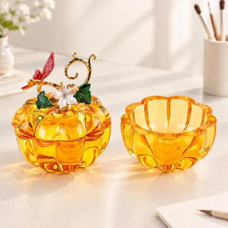 Decorative Glass Pumpkin Container with Removable Fitted Lid for Covered Small-Item Storage and Tabletop Display