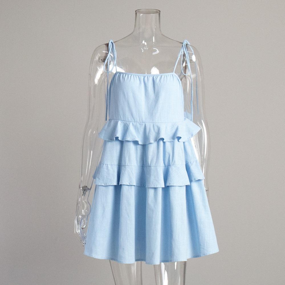Women's Spaghetti Strap Tiered Ruffle Mini Cake Dress Loose Square Neck Cotton Sundress