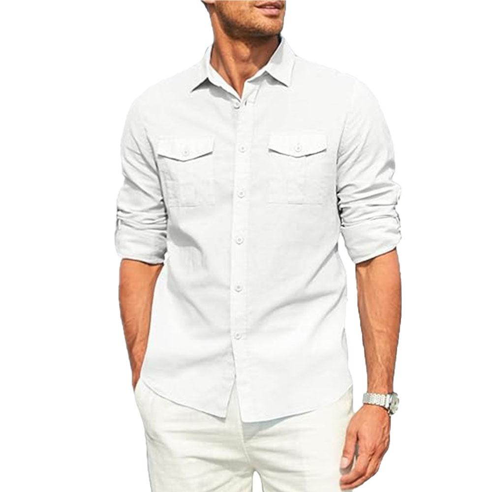 

Мужская рубашка с двумя карманами, хлопковая льняная рубашка с длинным рукавом, повседневная праздничная рубашка с простыми лацканами, однотонные рубашки-карго, топы, блузки XXXL белый