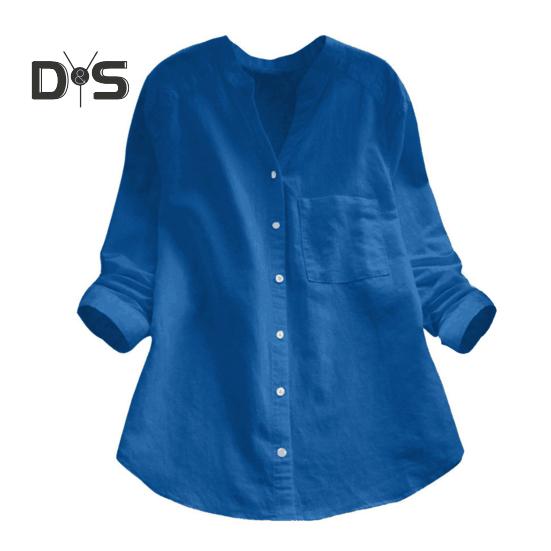 Dame vår høstskjorte topp ensfarget løs passform pustende stoff V-hals lange ermer Single-breasted Casual Top Streetwear