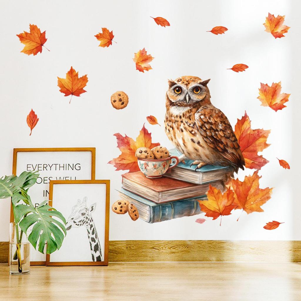 Autumn Maple Leaf Owl Wall Sticker - Creative, Decorative & Removable