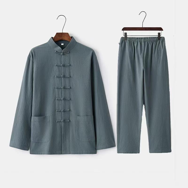 Men's Retro Chinese Style Tang Suit - Cotton and Linen Long-Sleeved Zen Top for Tai Chi.