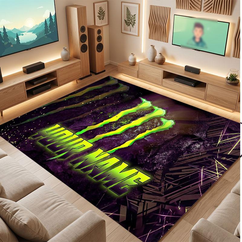 Monster Energy Personalisierter Kristall-Samt-Teppich, Benutzerdefinierter Namens-Text Weicher Anti-Rutsch-Teppich für Wohnzimmer Schlafzimmer