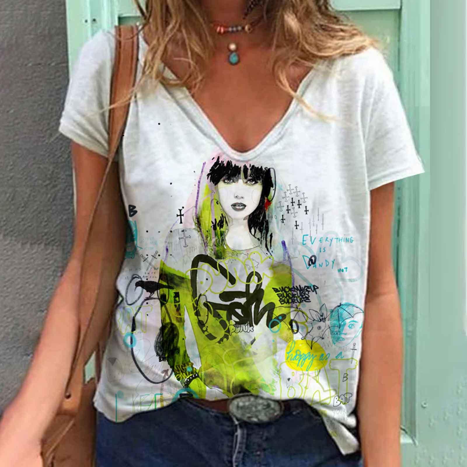 

Футболки Streetwear с 3D-принтом, разноцветные, с портретом и V-образным вырезом, женская футболка во французском стиле S