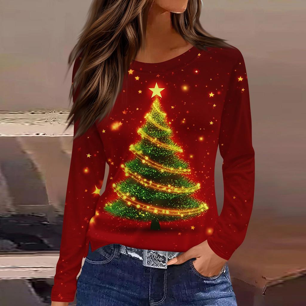 Christmas Style Women's 3D Christmas Tree Print Pullover Round Neck Long-sleeved T-shirt Festive Color Casual Top