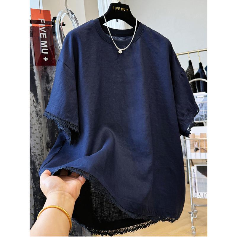 Damen T-Shirt mit kurzen Ärmeln aus Baumwoll-Leinen mit Spitzenbesatz - Schickes & Bequemes Sommeroberteil