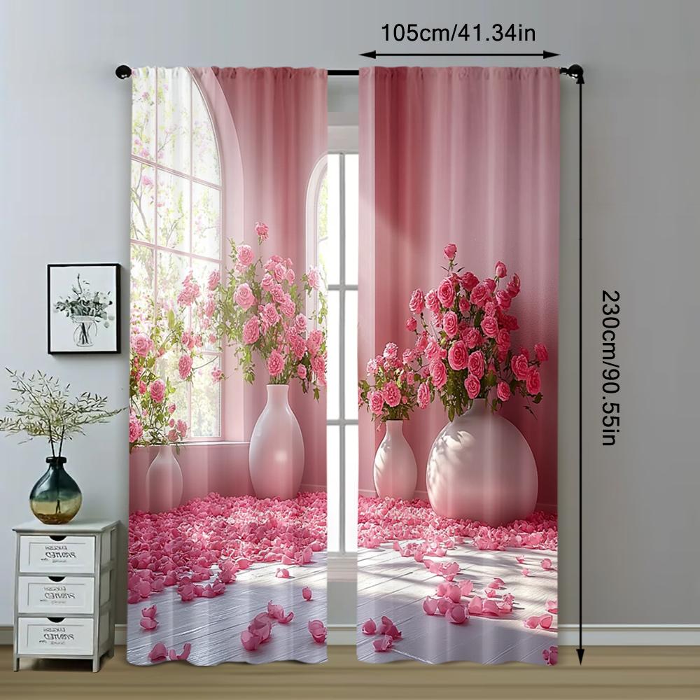 2pc    Window Drapes Pink Flowers and Plants Versatile Polyester Fabric  Without Electricity Family Party Decoration Use for