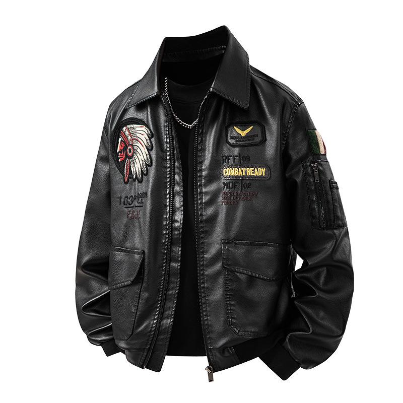 

Embroidered leather jacket binshi style 25 autumn and winter new custom-printed embroidered sticker embroidered leather jacket 4XL