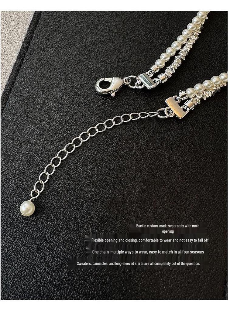 Double Layer Shredded Silver Pearl Necklace - Elegant Women's Clavicle Chain, Versatile Fashion Accessory, French Retro Style