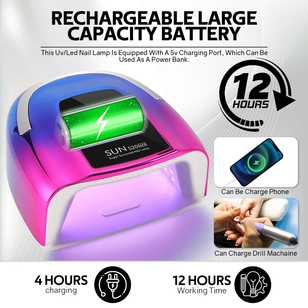 200W UV LED Nail Lamp 48 LEDs Nail Dryer with HD LCD Display Rechargeable Manicure Lamp for Curing All Nails Gel Nail Art Tools
