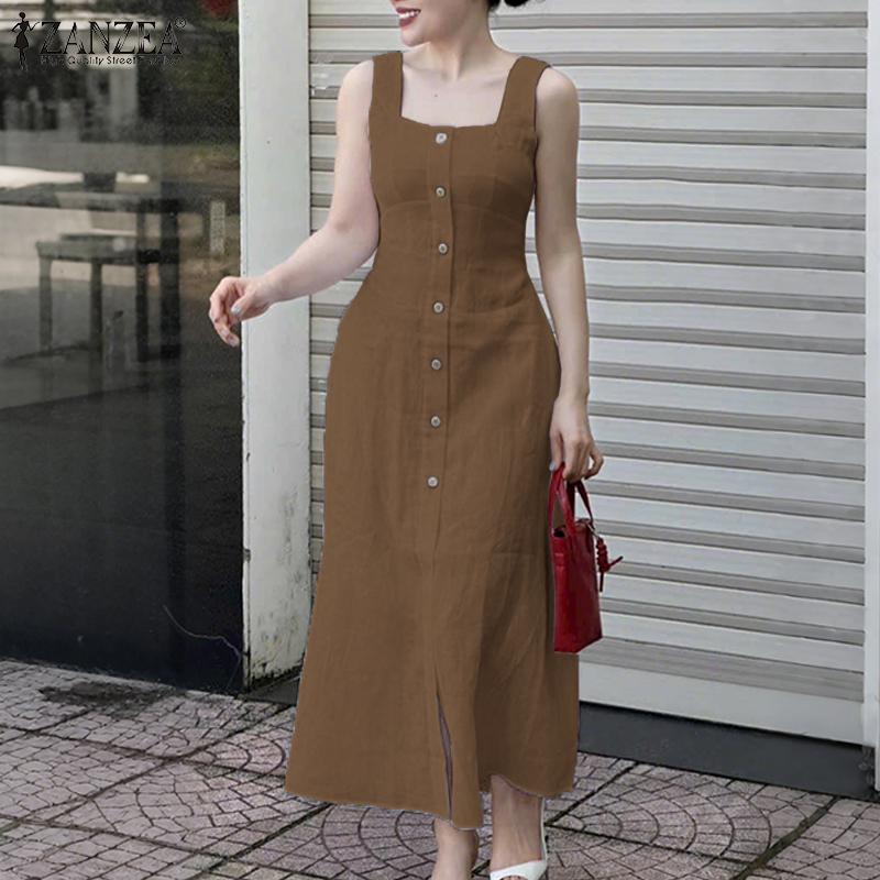 ZANZEA Women Square Collar Summer Casual Sleeveless Dress