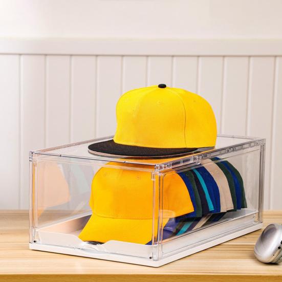 Cap Box Organizer Transparent Design Hat Holder with Sliding Tray Stackable Storage Case with Magnetic Door