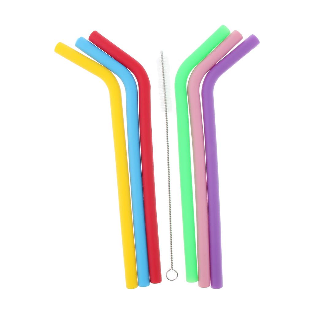 6 Pieces Of Silicone Colored Tea Drinking Straws With Cleaning Brush In The