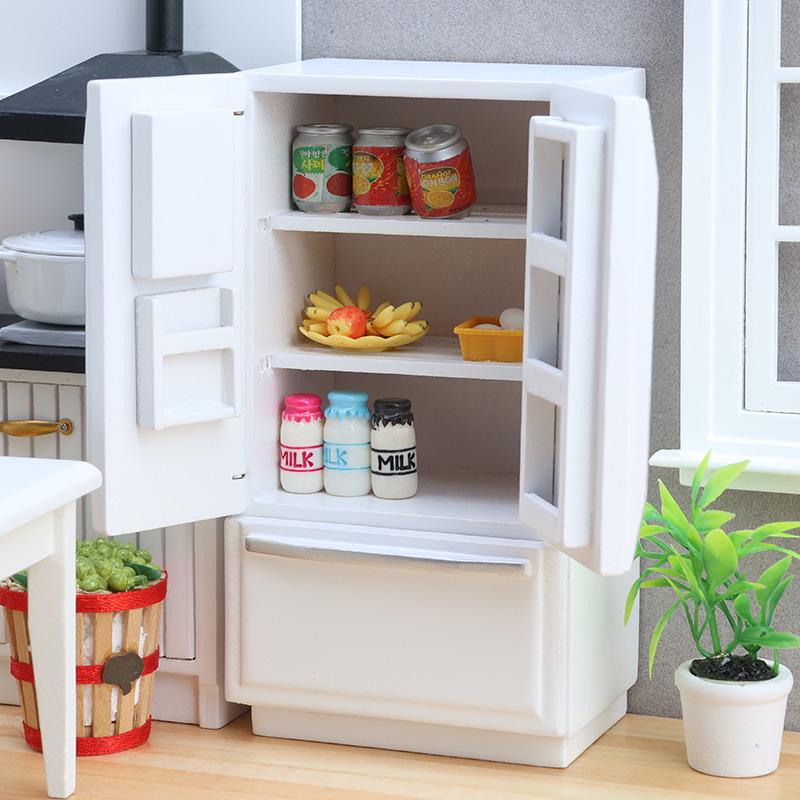 1:12 Mini Dollhouse Double Door Refrigerator Model in White/Silver/Gray