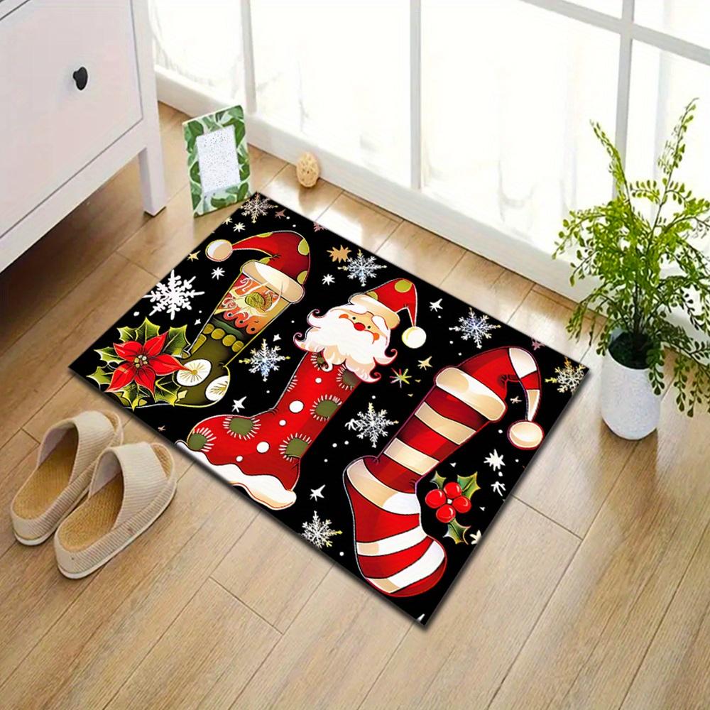 Festive Christmas Hat & Stocking Area Rug - Durable Polyester Mat with Santa, Candy Canes, Snowflakes & Holly Design for Living