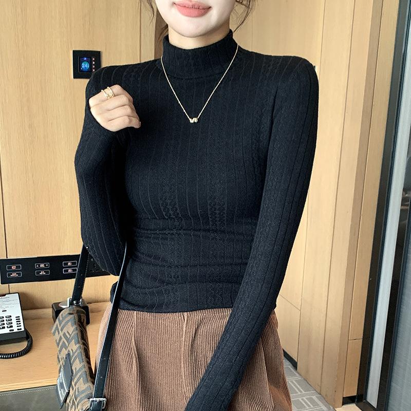

3 Knitted sweater bottoming sweater for women in autumn and winter, semi-turtleneck sweater, slim-fitting long-sleeved middle-neck thermal top M fits 70-45kg чёрный