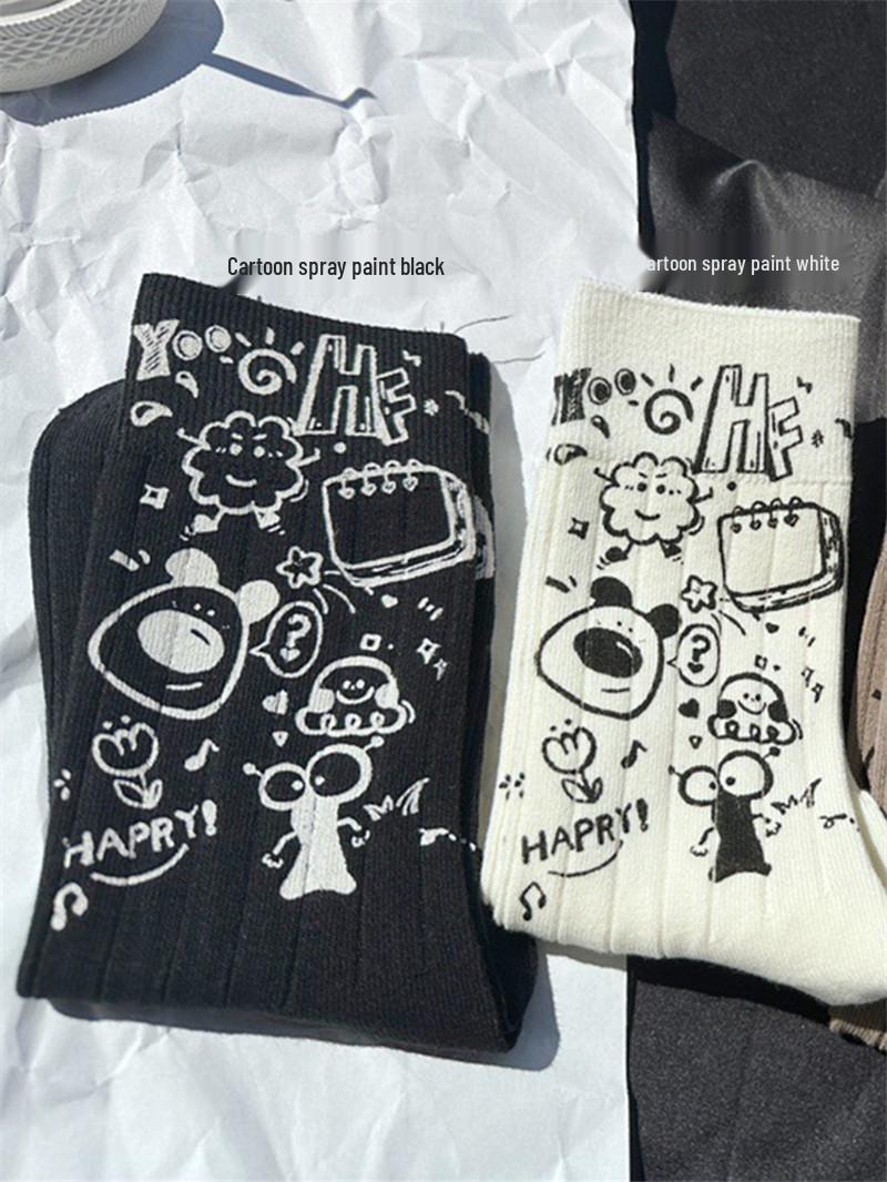 

Трендовые носки до середины икры с черно-белыми граффити и буквами в мультяшном стиле с горячим тиснением White Spray Paint