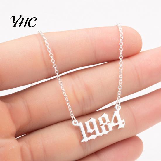 1980-2019 Birth Year Number Charm Pendant Stainless Steel Chain Necklace Jewelry