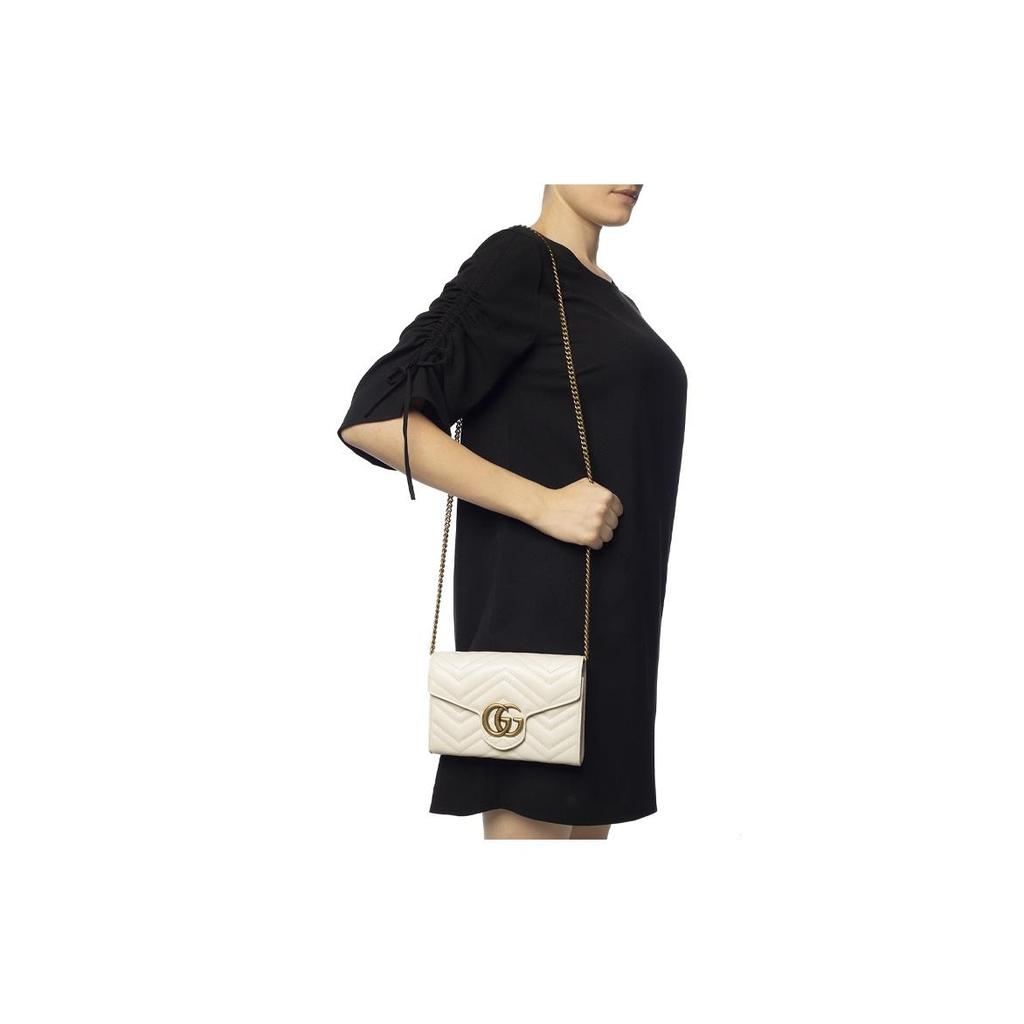 Gucci GG Marmont White Leather Chevron Quilted WOC Chain Crossbody Bag