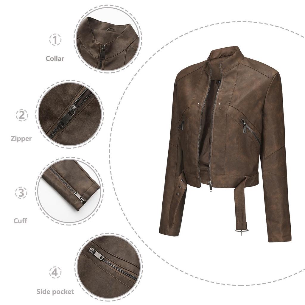 New Women's Motorcycle Style Leather Jacket with Belt Long Sleeve Zipper Jacket Spring and Autumn Leather Jacket