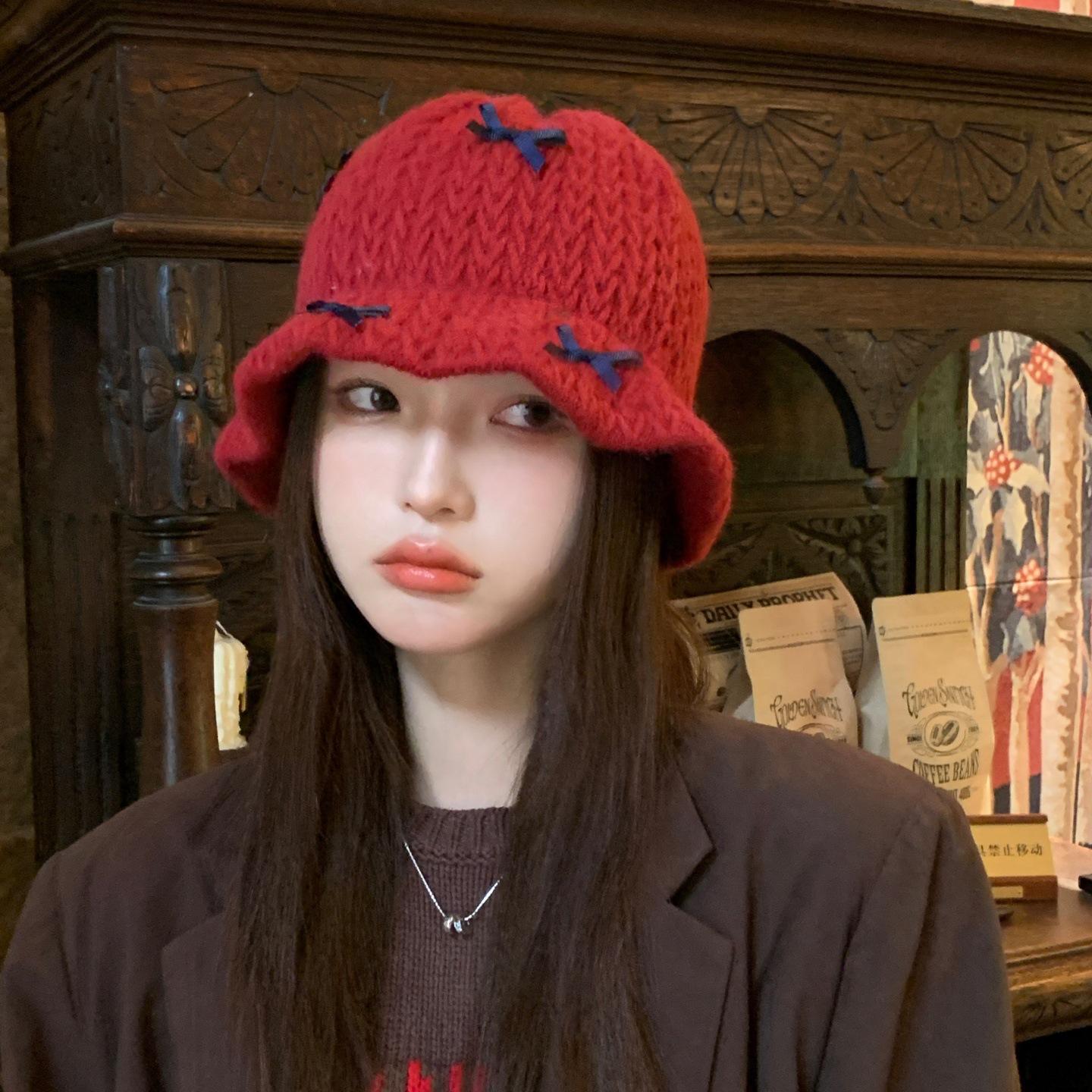 

Bow Knitted Hat Wool Hat for Women In Autumn and Winter Sweet Thickened Warm Head Cold Hat Showing Small Face one size