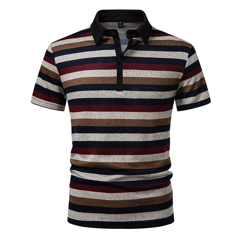 Men's Multicolor Stripe Polo Shirt - Contrast Black Collar 4-Button Placket Casual Retro Style Short Sleeve Top In Bold Tones