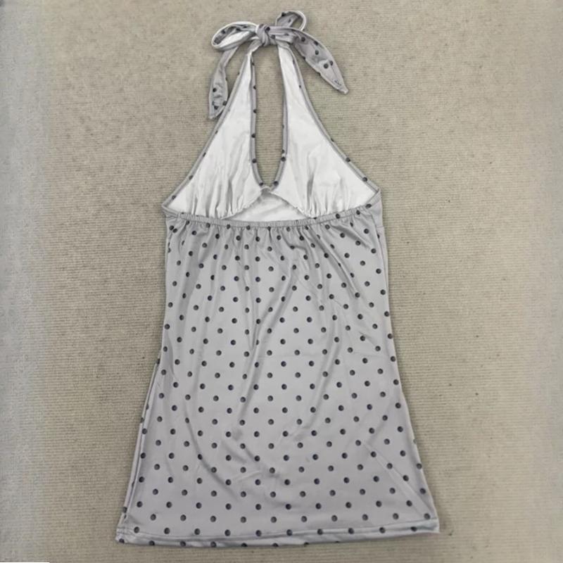 European and American Summer Polka Dot Backless V-neck Fashionable Hanging Neck Strap Design Waist Cinched Women's Vest Top