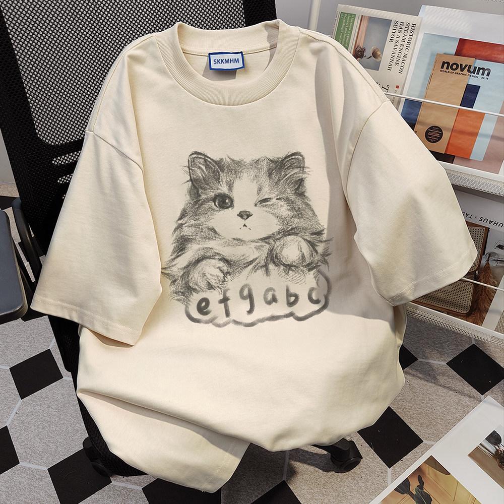 Unisex American Retro Cat Print Plus Size Short Sleeve T-Shirt - Trendy Loose Fit for Couples