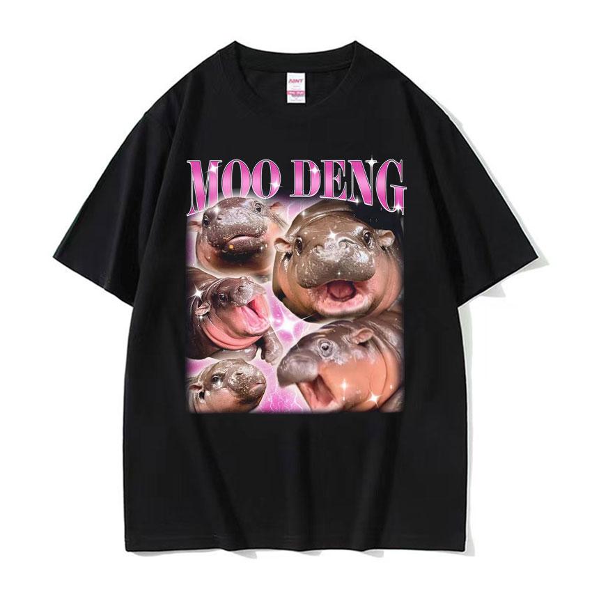 Cute Moo Deng Baby Hippo Funny Meme T Shirts Men Women Casual Cotton Short Sleeve Tshirt Vintage Hip Hop Streetwear Tshirt Tops