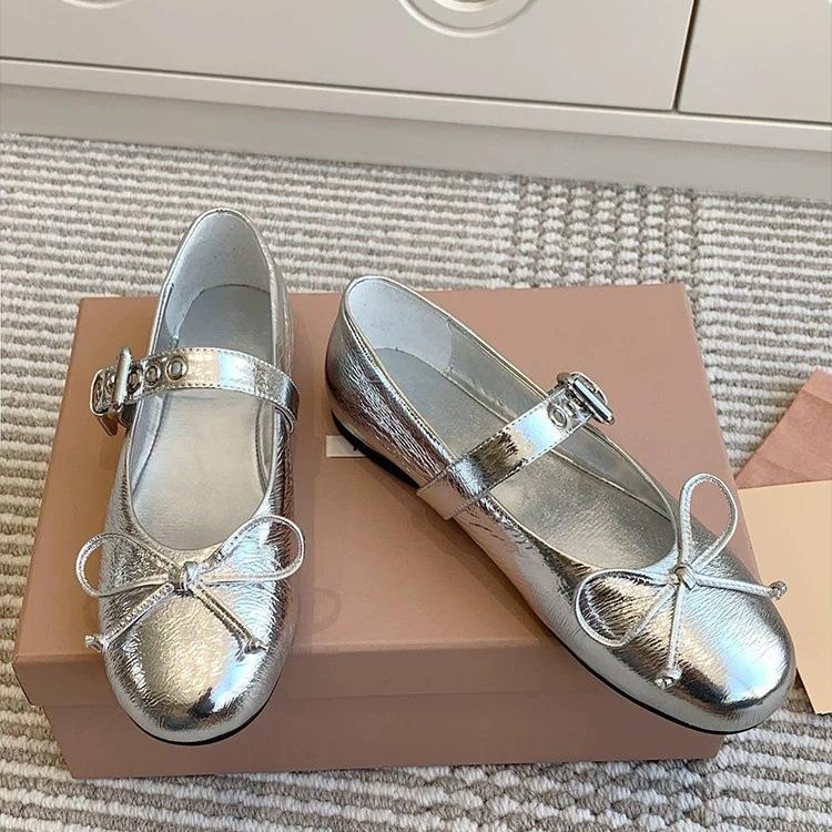 Sheepskin version~ French design belt buckle flat bottom shallow mouth single shoes women's bow round head Mary Jane shoes women's shoes