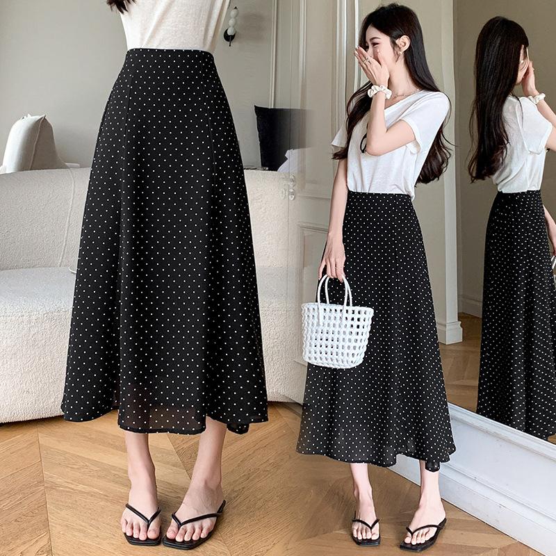 

Летняя ретро хлопково-льняная юбка с принтом в горошек, с высокой талией, юбка «рыбий хвост», в горошек, средней длины L чёрный